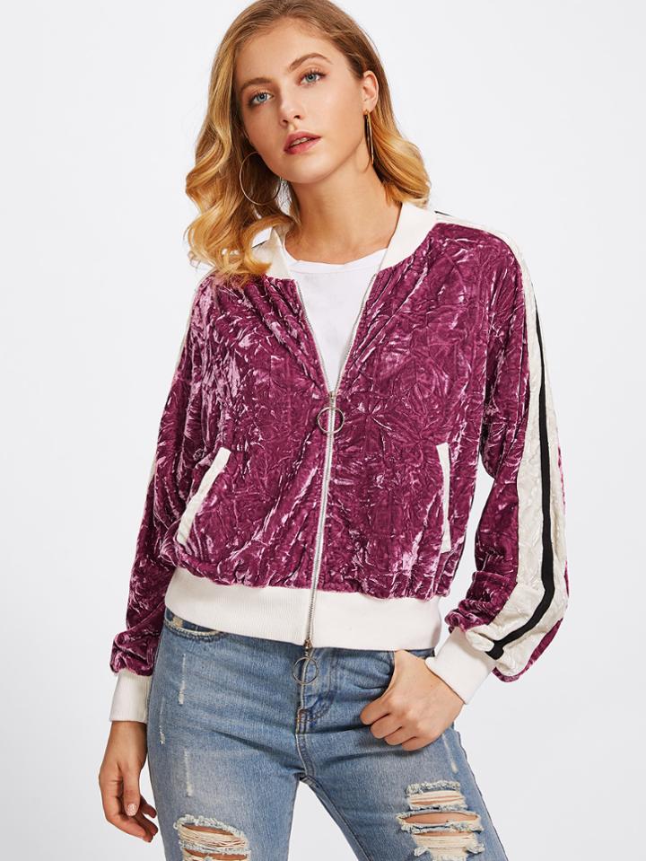 Romwe Striped Sleeve Crushed Velvet Bomber Jacket