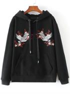 Romwe Black Crane Embroidery Hooded Loose Sweatshirt