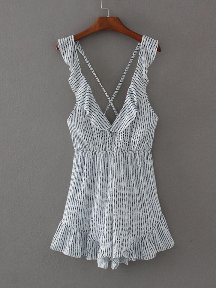 Romwe Criss Cross Back Frill Trim Playsuit
