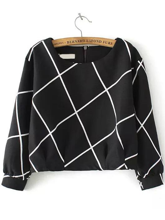 Romwe Round Neck Plaid Zipper Black Blouse