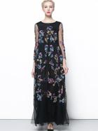 Romwe Black Round Neck Length Sleeve Contrast Gauze Embroidered Dress