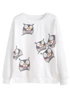 Romwe White Owls Print Dropped Shoulder Seam Sweatshirt