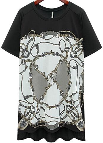 Romwe Dip Hem Magic Chain Print Black T-shirt