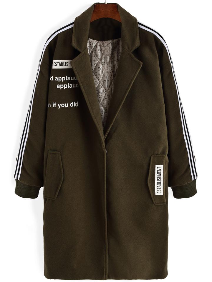 Romwe Lapel Letter Print Striped Long Coat