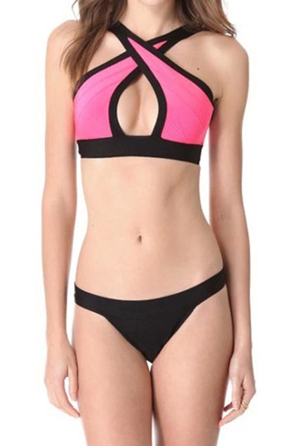 Romwe Cross Pink Hollow-out Bikini