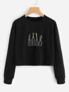 Romwe Plant Embroidered Crop Pullover