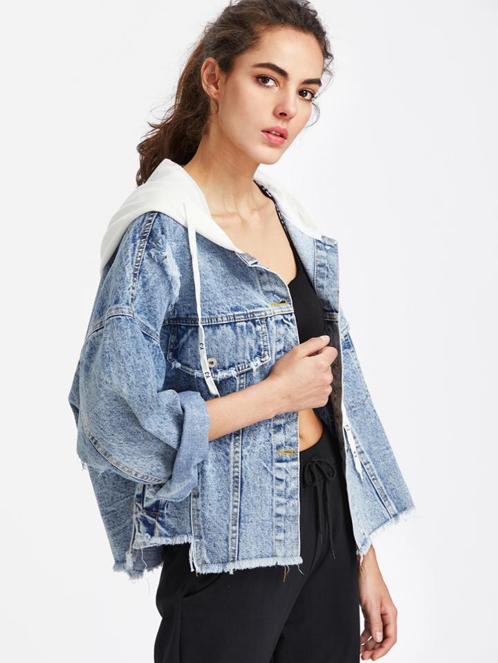 Romwe Ripped Hooded Raw Hem Denim Jacket