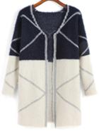 Romwe Geometric Pattern Long Navy Coat