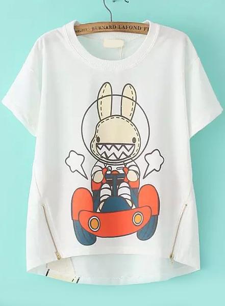 Romwe Dip Hem With Zipper Rabbit Print White T-shirt