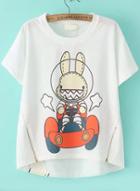Romwe Dip Hem With Zipper Rabbit Print White T-shirt