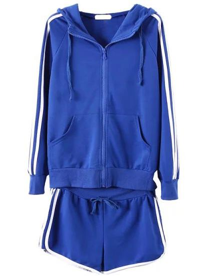 Romwe Hooded Zipper Contrast Edge Top With Drawstring Blue Shorts