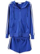 Romwe Hooded Zipper Contrast Edge Top With Drawstring Blue Shorts