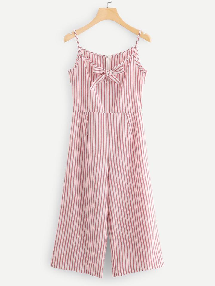 Romwe Knot Front Striped Cami Jumpsuit