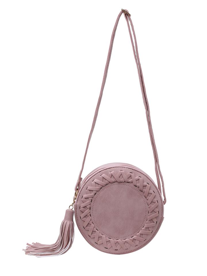Romwe Braided Tassel Zip Round Bag - Pink