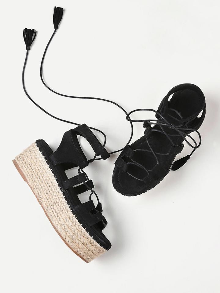 Romwe Lace Up Espadrille Flatform Sandals With Tassel
