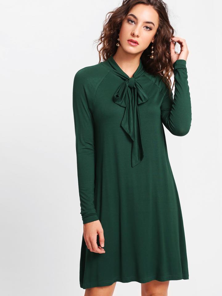 Romwe Raglan Sleeve Tied Neck Swing Tee Dress