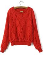 Romwe Round Neck Lace Red Sweatshirt