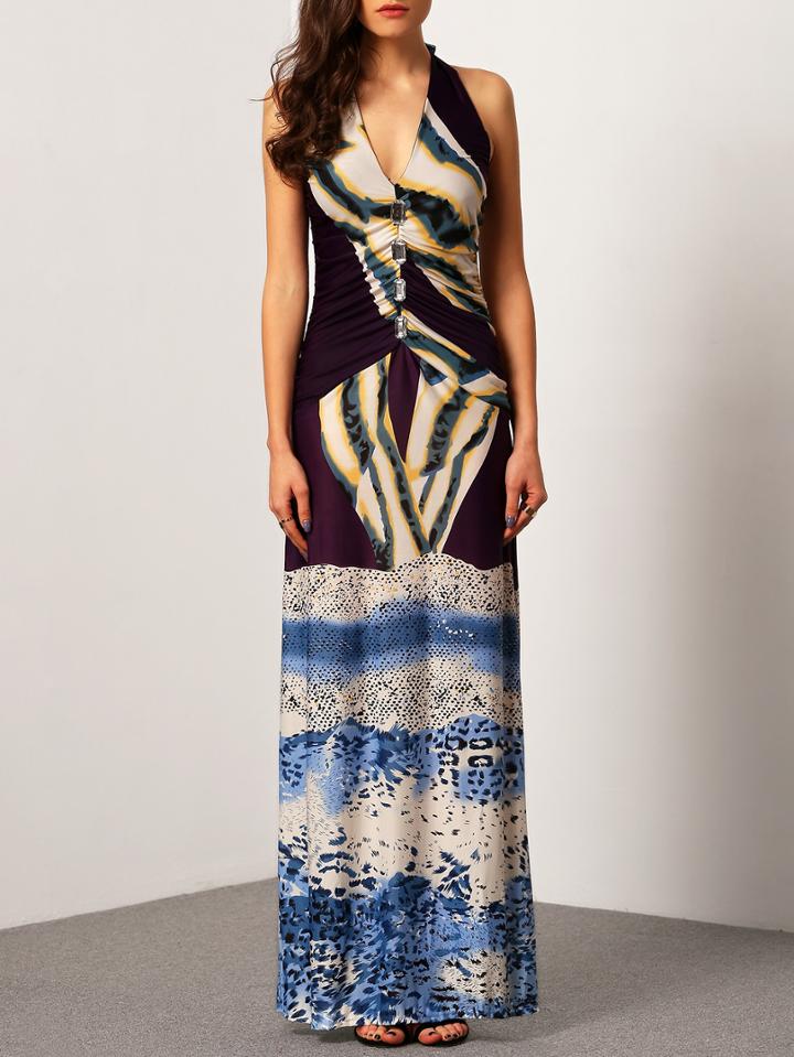 Romwe Halter Leopard Print Ruched Maxi Dress