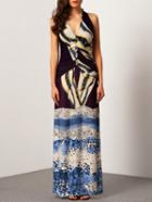 Romwe Halter Leopard Print Ruched Maxi Dress