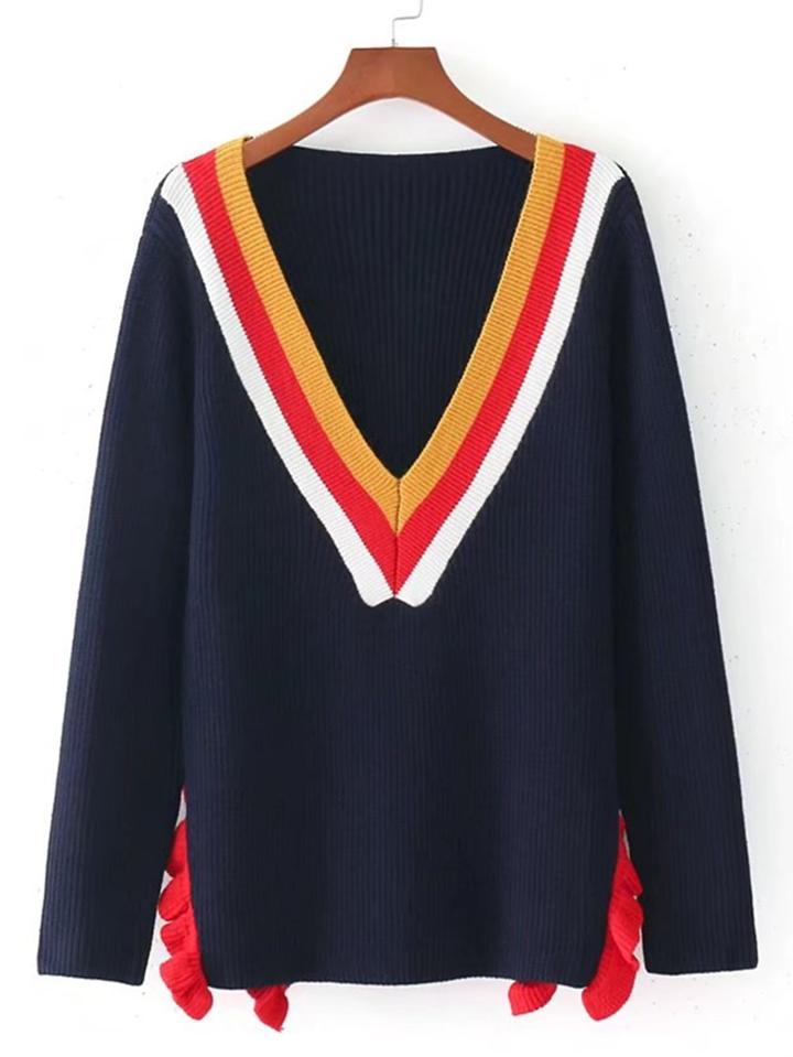 Romwe Color Block V Neckline Ruffle Detail Sweater