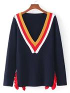 Romwe Color Block V Neckline Ruffle Detail Sweater
