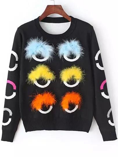 Romwe Ring Print Embellished Black Sweater