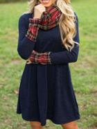 Romwe Contrast Cuff Plaid Shift Dress With Scarf
