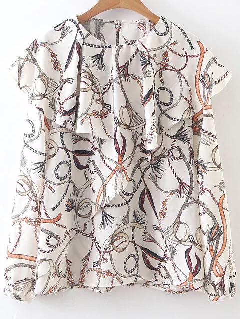 Romwe White Printed Ruffle Detail Button Back Blouse