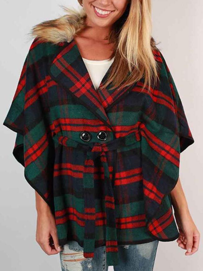 Romwe Plaid Belt Double Breasted Faux Fur Cape Coat