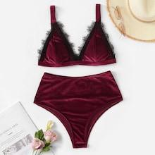 Romwe Lace Detail Velvet Top With High Waist Bikini