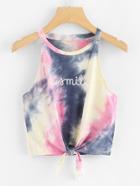 Romwe Tie Dye Letters Print Knotted Top