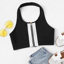 Romwe Contrast Panel Zip Up Halter Top