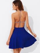 Romwe Pearl Beading Strappy Back Fit & Flare Dress