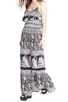 Romwe Flouncing Strapped Retro Floral Print Maxi Dress