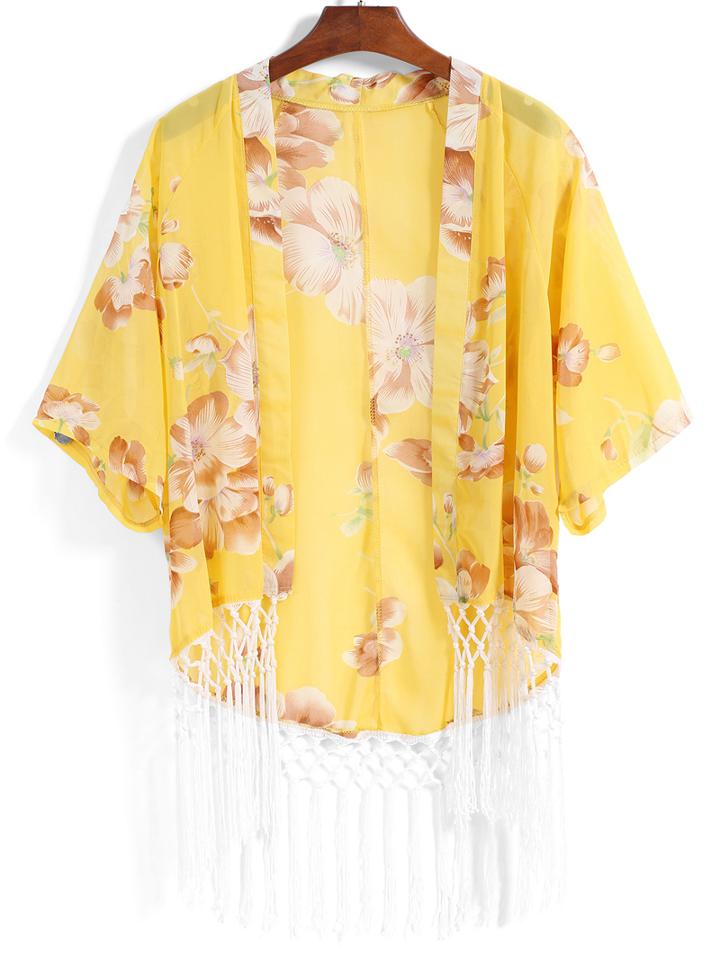Romwe With Tassel Florals Chiffon Top