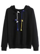Romwe Black Drop Shoulder Colorful Drawstring Hooded Sweatshirt