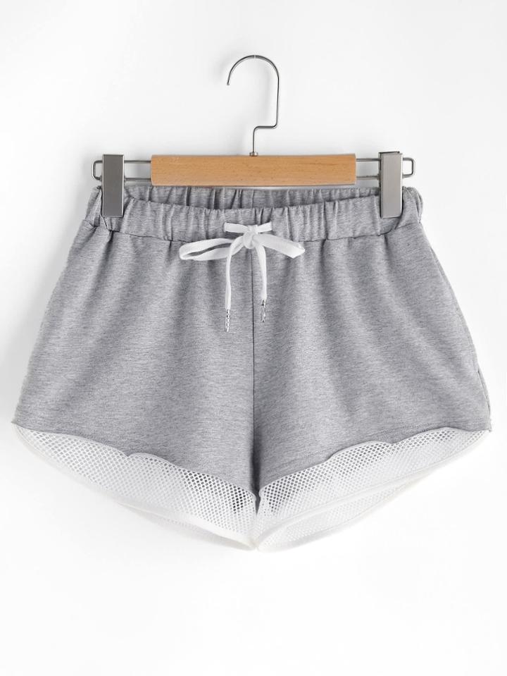 Romwe Sport Mesh Trim Heathered Drawstring Shorts
