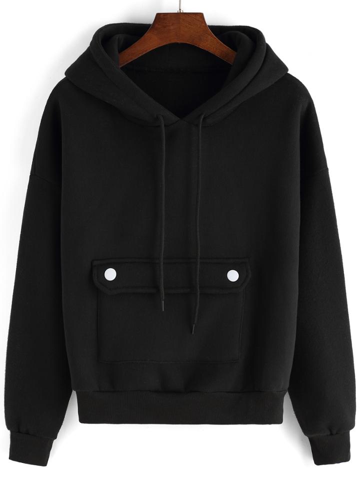 Romwe Hooded Drawstring Pocket Black Sweatshirt