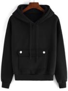 Romwe Hooded Drawstring Pocket Black Sweatshirt