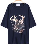 Romwe Deer Print Loose Royal Blue T-shirt