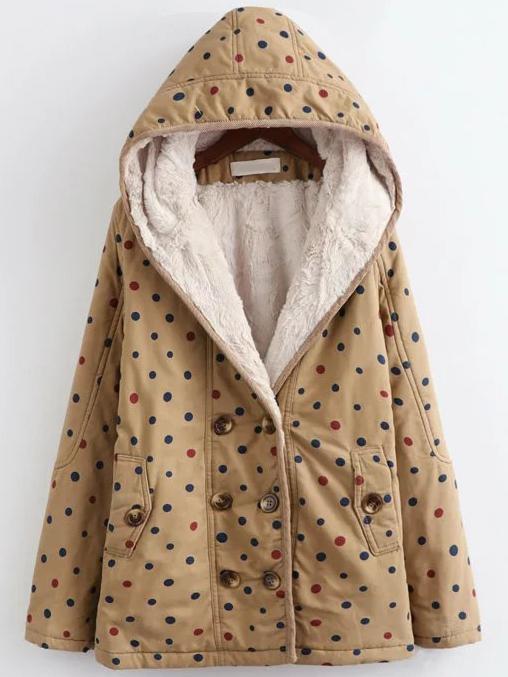 Romwe Khaki Polka Dot Hooded Coat With Faux Shearling Linging