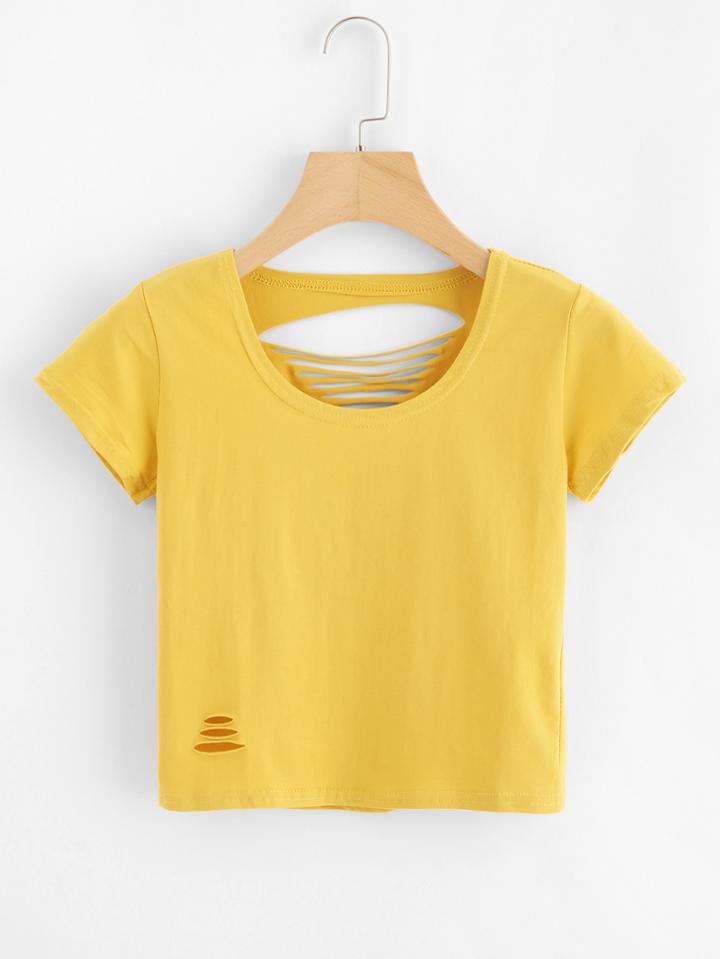 Romwe Cut Out Back Ripped Crop Tee