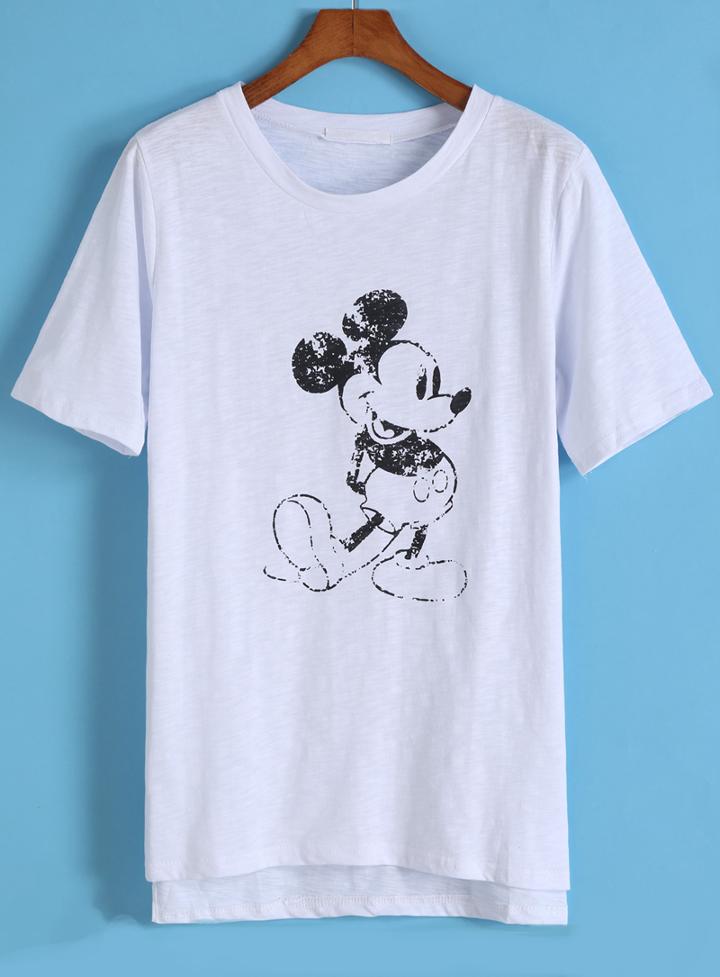 Romwe Dip Hem Mickey Print T-shirt