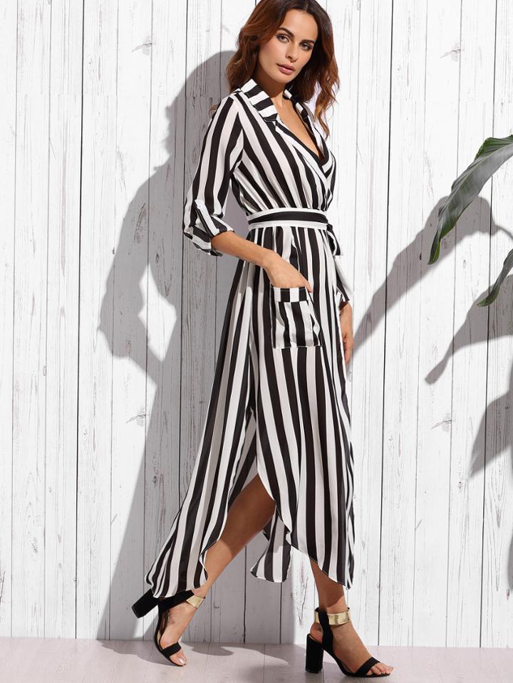 Romwe Contrast Vertical Striped Notch Lapel Belted Shirt Dress