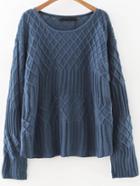 Romwe Blue Diamond Pattern Round Neck Sweater