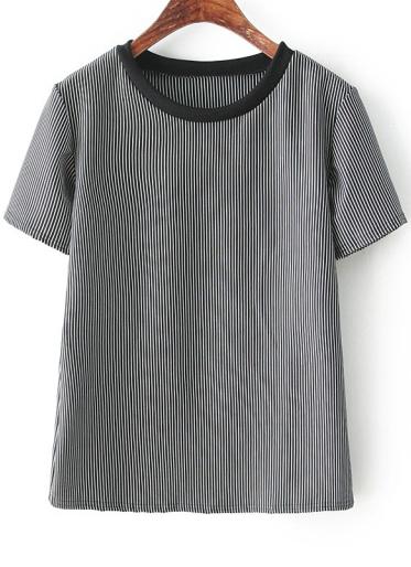 Romwe Round Neck Vertical Striped Grey T-shirt