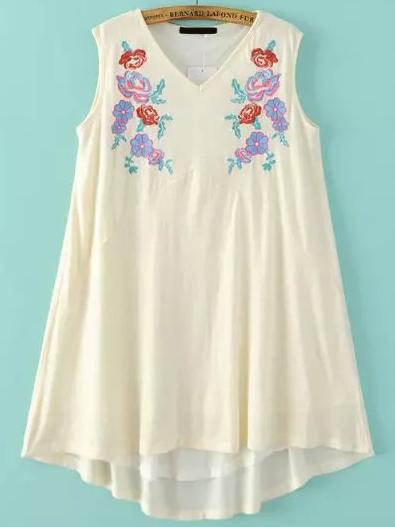 Romwe White Flower Embroidery Sleeveless Tent Dress