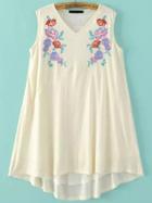 Romwe White Flower Embroidery Sleeveless Tent Dress