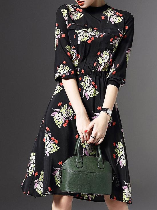 Romwe Black Elastic-waist Print A-line Dress