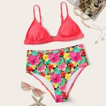 Romwe Triangle Top With Floral Bikini Set
